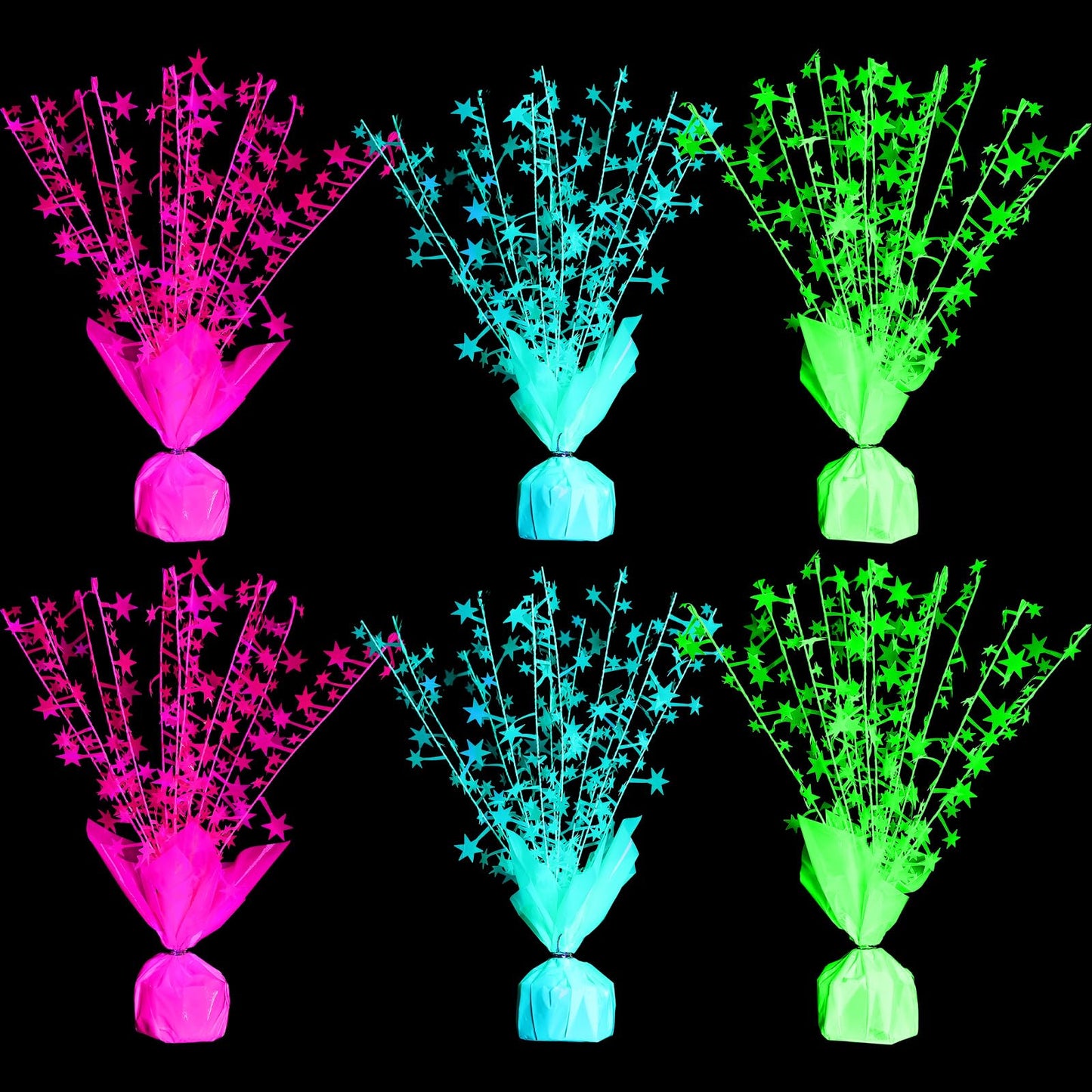 FineCheer 6 Pack Glow in The Dark Centerpieces Neon Birthday Party Decoration Metallic Foil Spray Star Tabletop Fluorescence Party Supply Under UV Light for Graduation Back to Classroom Birthday