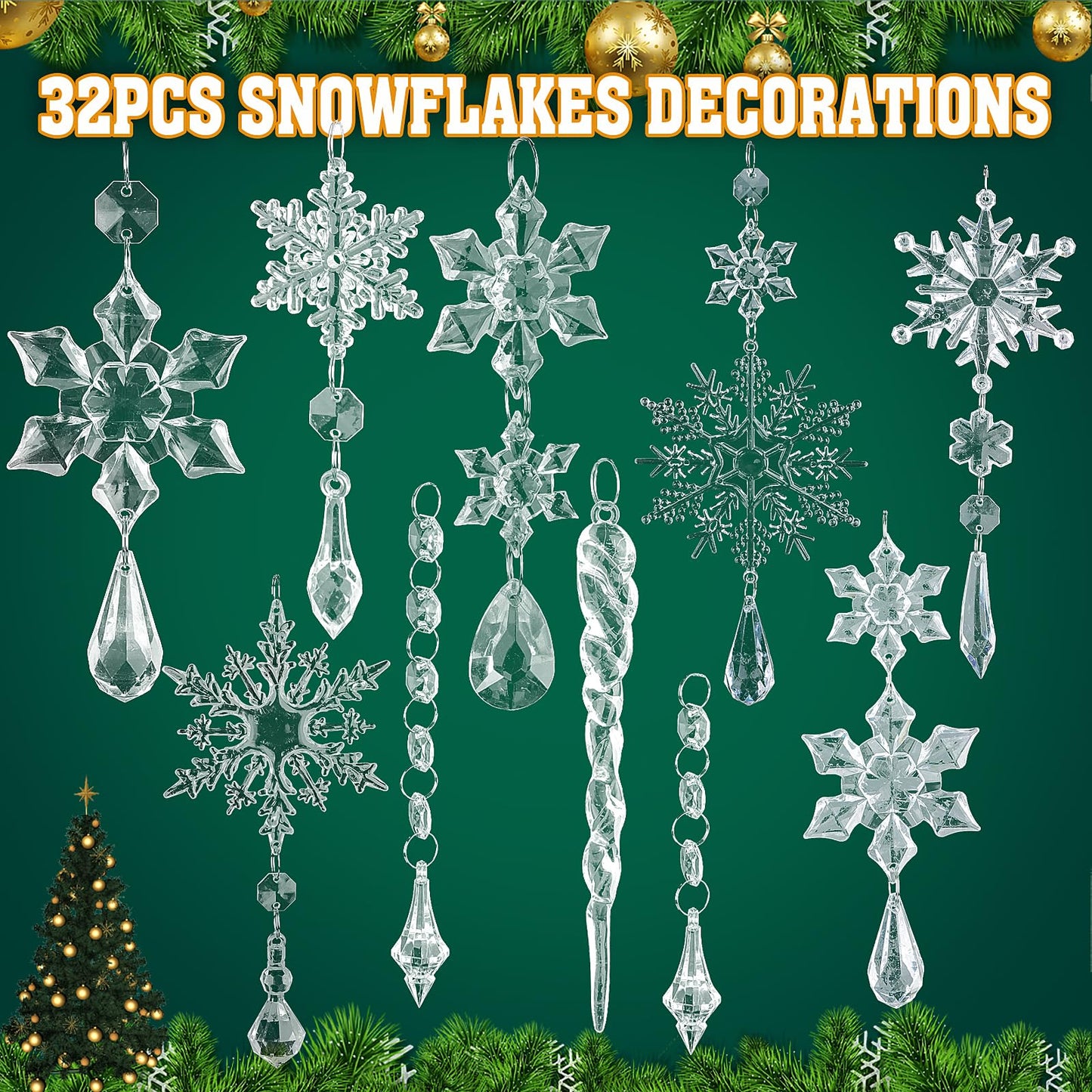 CCINEE 32pcs Crystal Hanging Ornaments, Acrylic Snowflakes Decorations for Valentine Easter Tree for Winter Wonderland Wedding Parties Home Pendants