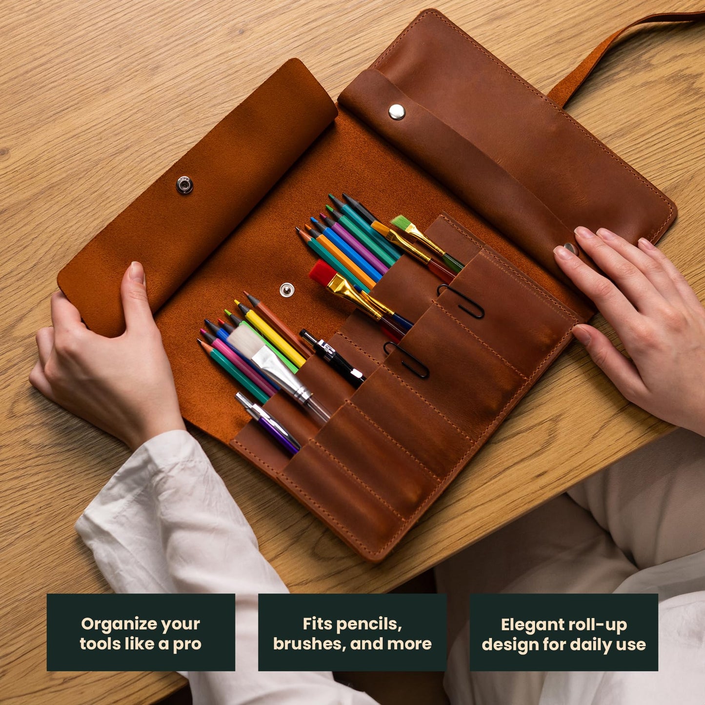 OMBUO Handmade Artist Pencil Case for Adults Women, Leather Pencil Roll, Artist Gifts, Pencil Wrap Roll Up Case, Leather Paint Brush Case, Warm Brown