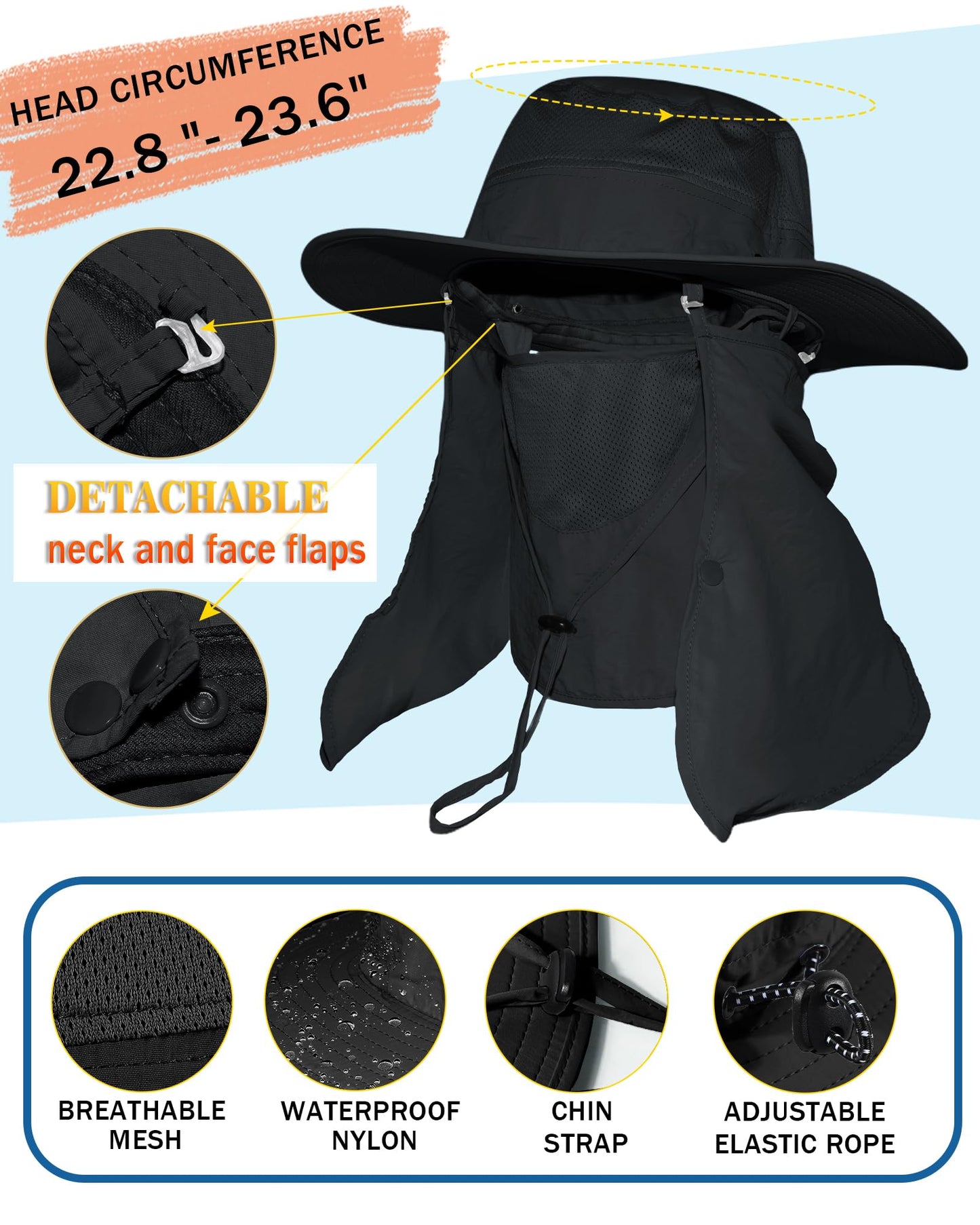 Wide Brim Sun Hat with Detachable Face Cover & Neck Flap Waterproof Safari Fishing UPF 50+ UV Protection Hat for Men Women Black