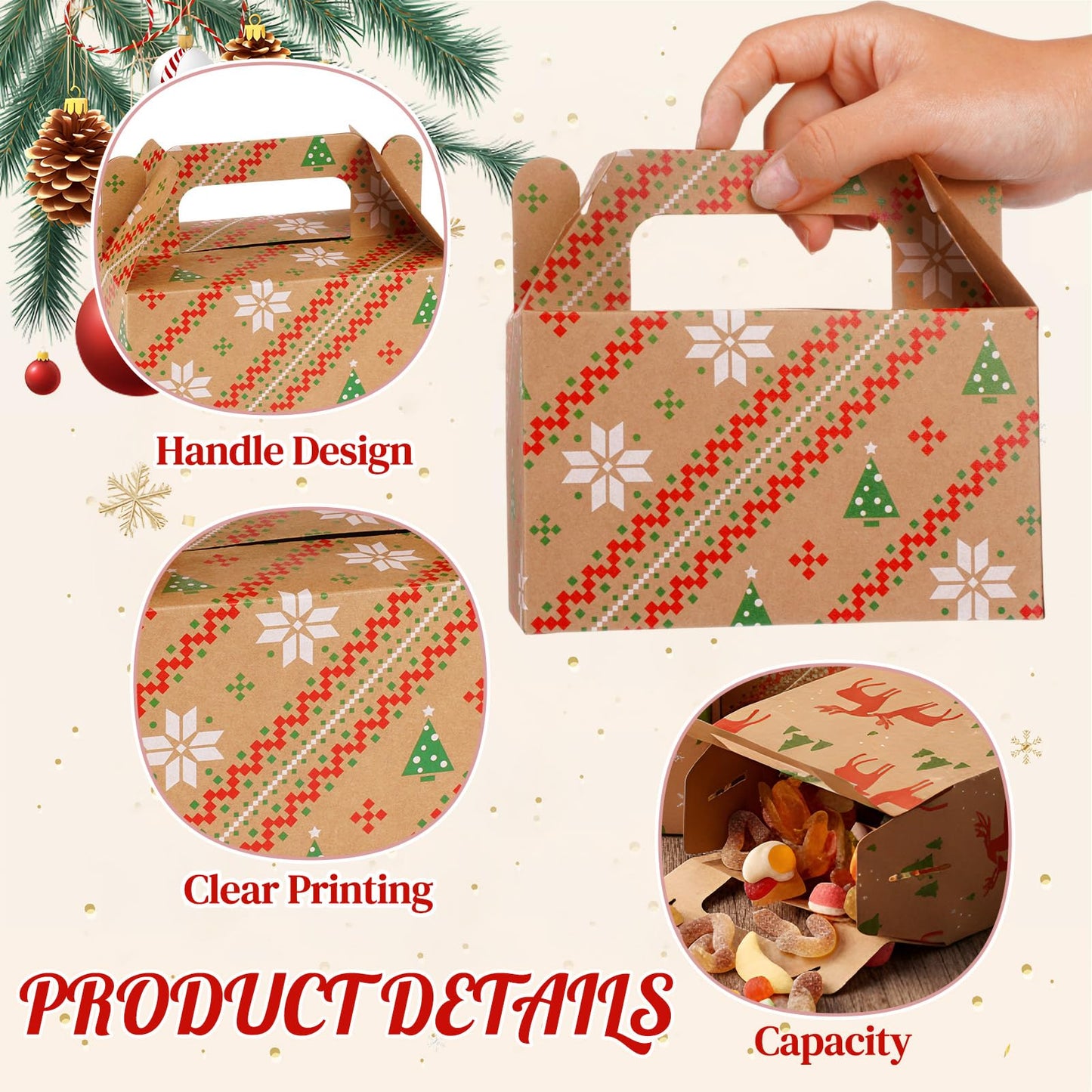 Fuyoooo 36 Pcs Christmas Gift Treat Boxes Xmas Kraft Boxes Holiday Cookies Goodie Candy Box with Handles Red Green Paper Container for Xmas Birthday Party Supplies