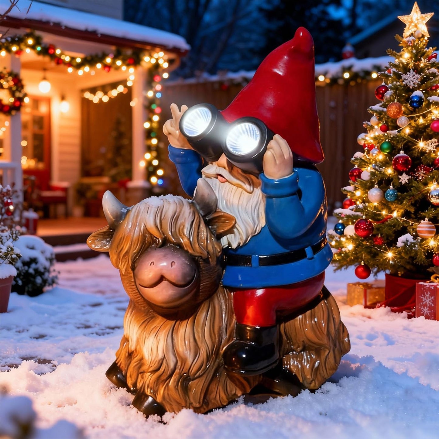 Vovkokc Christmas Gnome Decorations Statue - Garden Gnomes Solar LED Telescope Lights Sitting on Highland Cow Outdoor Patio Lawn Yard Balcony Home Decor Gnomes Gifts for Women Mom