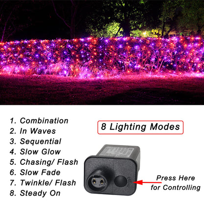 Pooqla 360 LED Halloween Net Lights Outdoor, 21 ft x 5 ft Connectable Mesh String Lights 8 Modes Waterproof Plug in for Halloween Decoration Bushes Yard Garden Party, Orange and Purple
