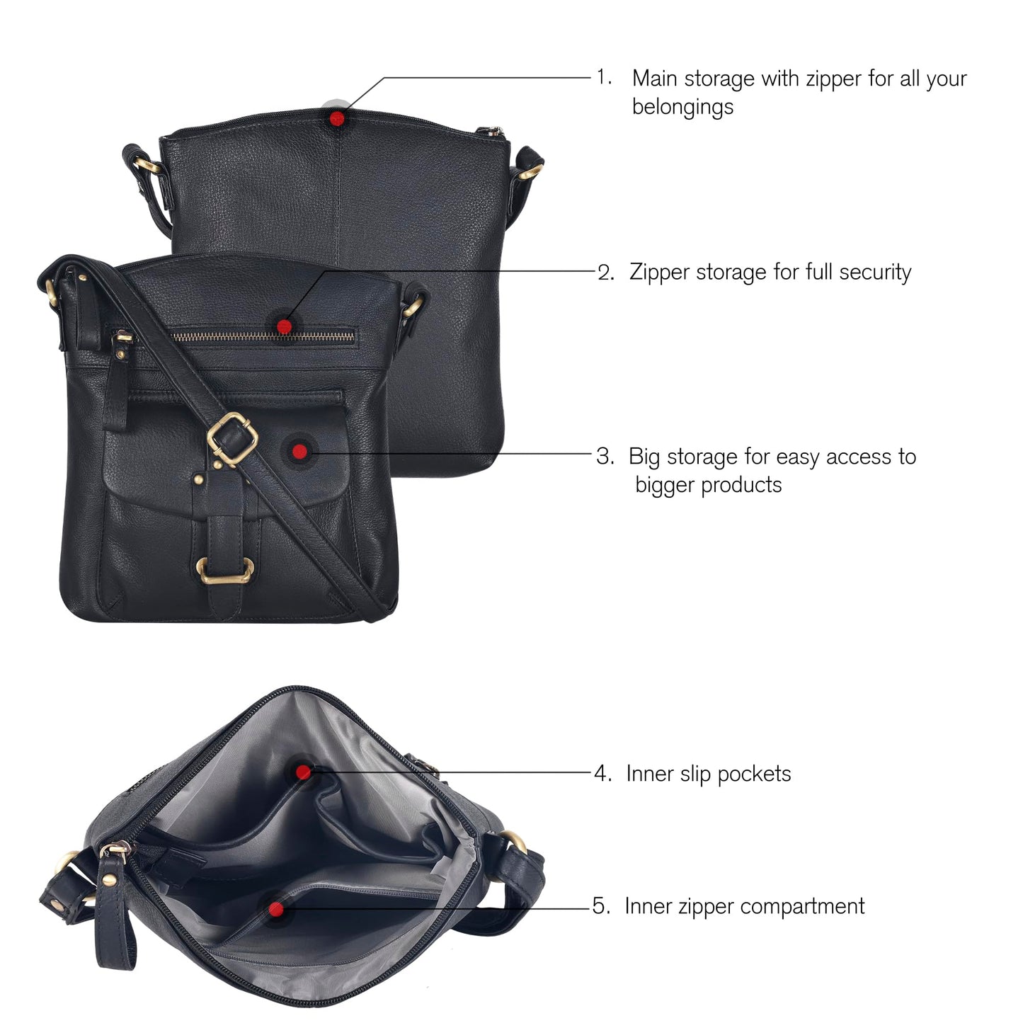 Oak Leathers Leather Crossbody Bag For Women With Adjustable Sling Strap - Medium Size Crossover Shoulder Handbag Purse (Black Smooth)