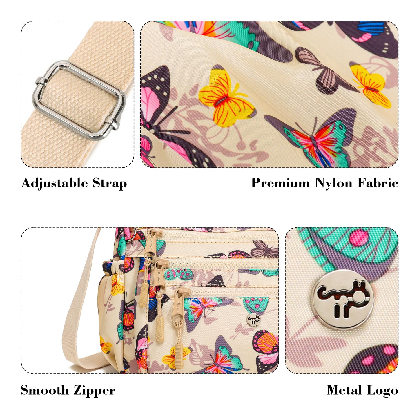 AOCINA Crossbody Bags for Women Multi Pocket Nylon Lightweight Ladies Purses Messenger Shoulder Handbags Satchel Travel Bag (Beige Butterfly)