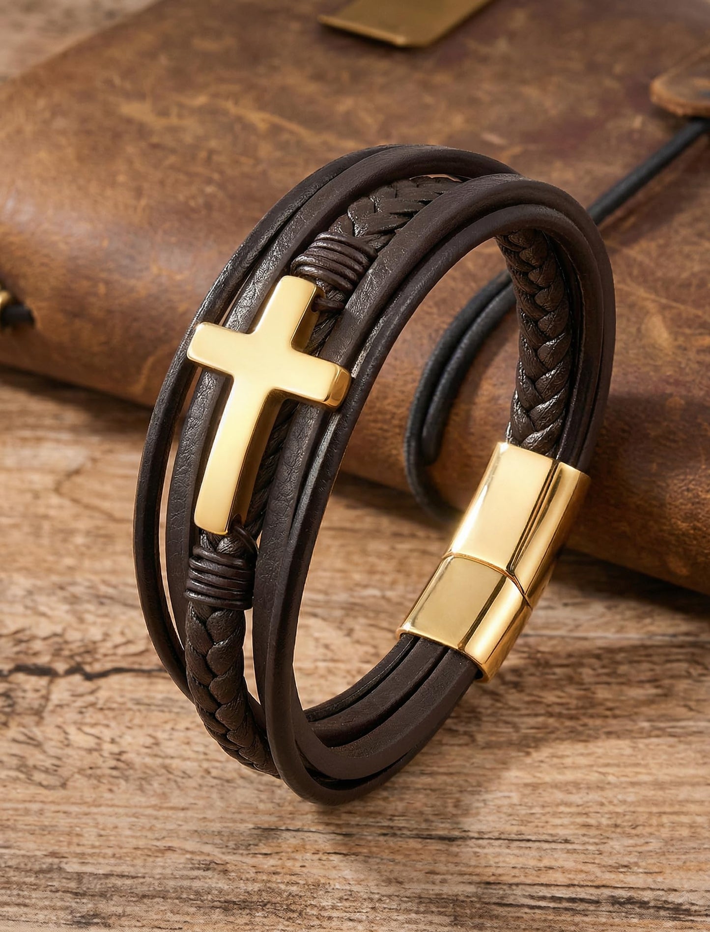 Mrcaois Mens Gold & Brown Leather Bracelet, Charm Cross Wristband - Stylish Fashion Jewelry for Men, Birthday - 8.3 Inch