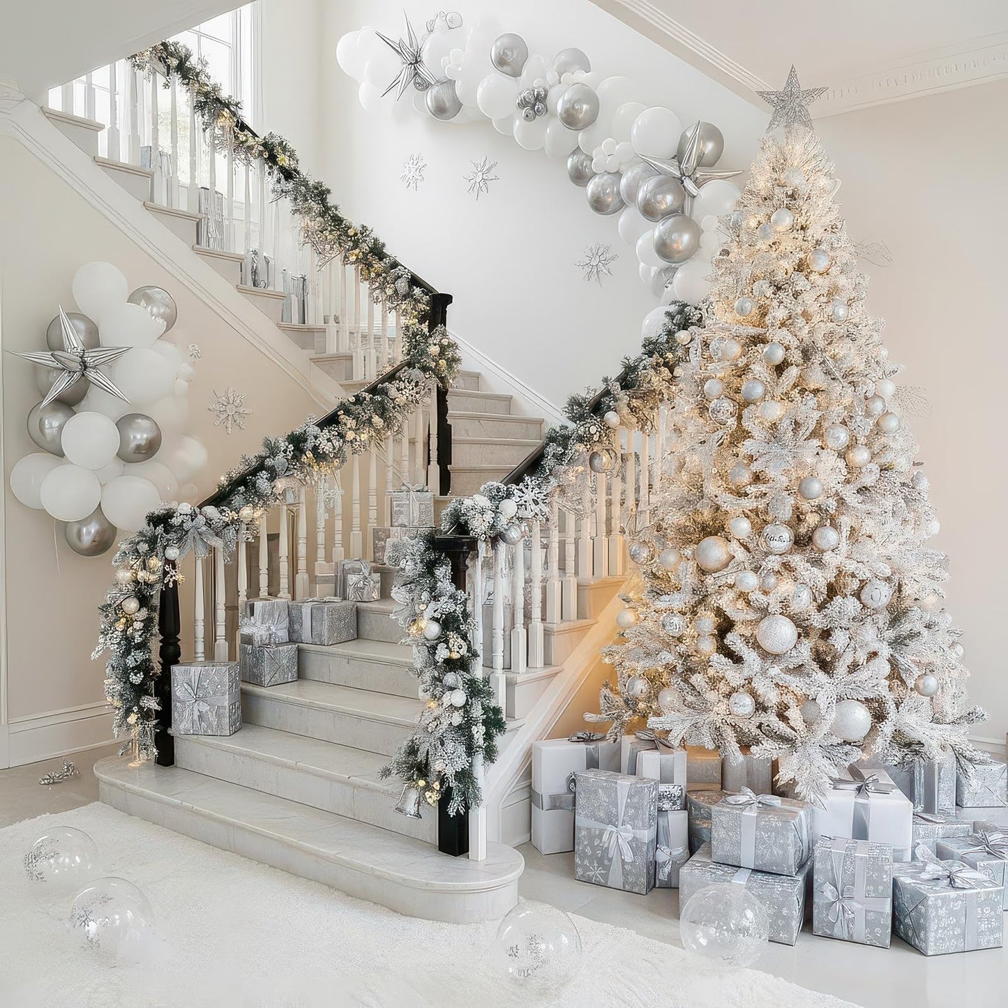White Winter party decorations with Pearl White Silver Balloon Garland Arch & foil Star printed balloons Artificial Snowflakes for winter wonderland 1st birthday Christmas new year party decorations