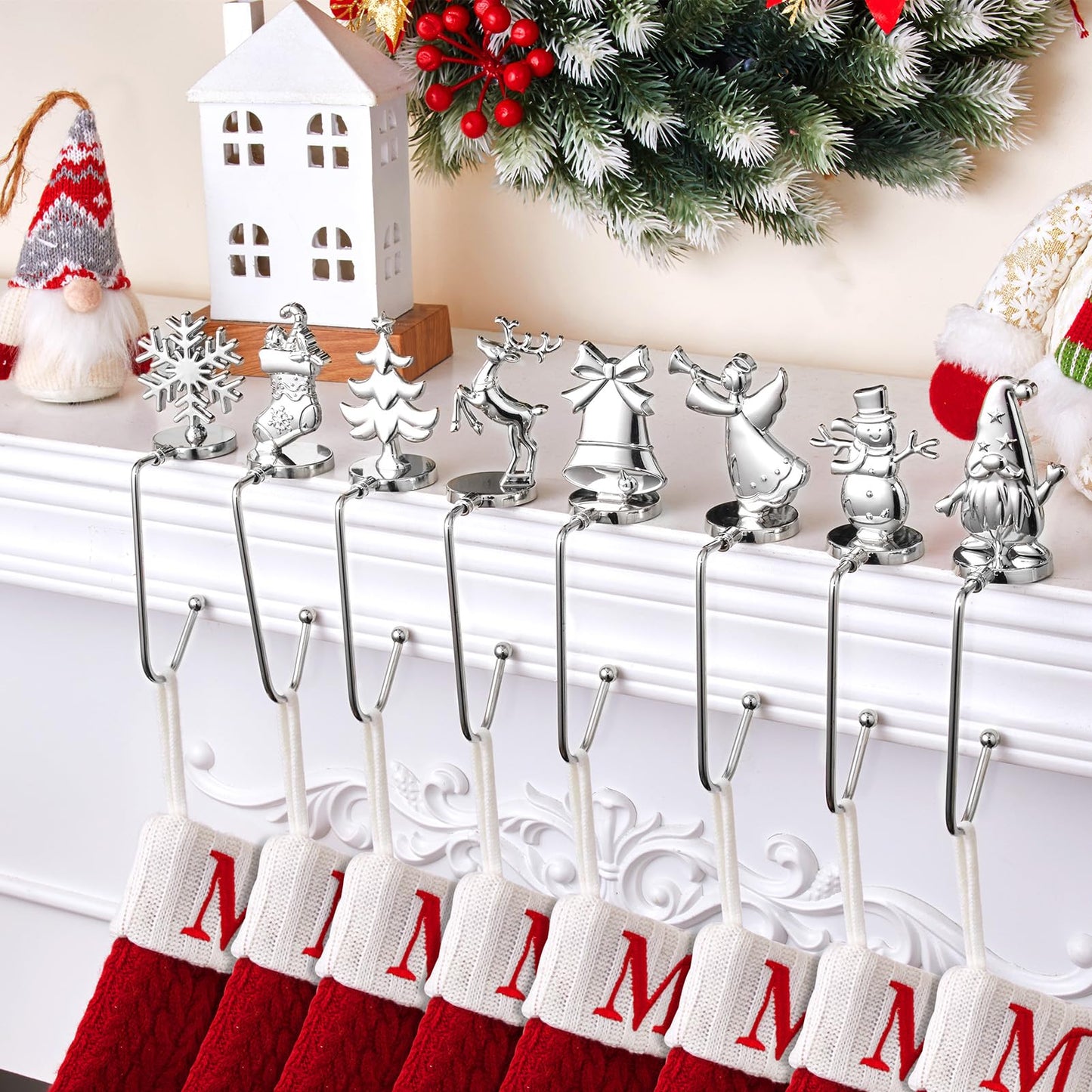 Christmas Stocking Holders for Mantel Set of 8, Non-Slip Adjustable Mantle Stocking Holders, Snowflake Snowman Reindeer Angel Bell Fireplace Stocking Hangers Set for Party Christmas Decorations
