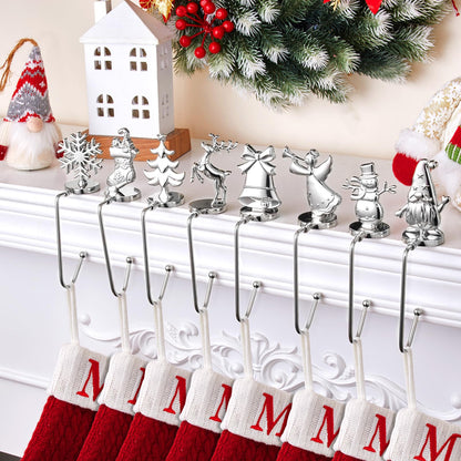 Christmas Stocking Holders for Mantel Set of 8, Non-Slip Adjustable Mantle Stocking Holders, Snowflake Snowman Reindeer Angel Bell Fireplace Stocking Hangers Set for Party Christmas Decorations
