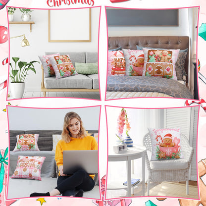 Fanfanwin 6 Pcs Pink Christmas Gingerbread Throw Pillow Covers 18 x 18 Inch Gingerbread House Truck Hot Cocoa Pink Christmas Decorative Pillow Cases for Xmas Sofa Couch Decor(Novel)