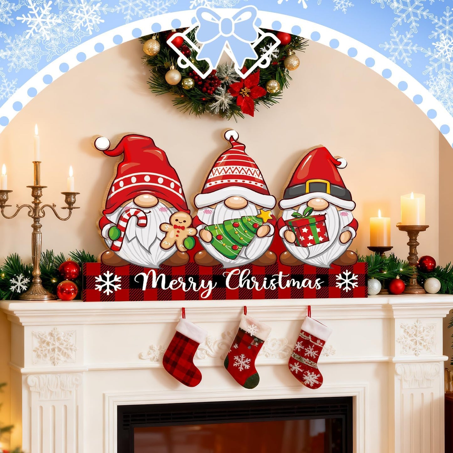 LawnIdyll Winter Christmas Gnome Decoration Reversible Double Side Wooden Tabletop Sign Hello Winter Merry Christmas Table Centerpieces for Holiday Mantle Tiered Tray Shelf Holiday Party Home Decor