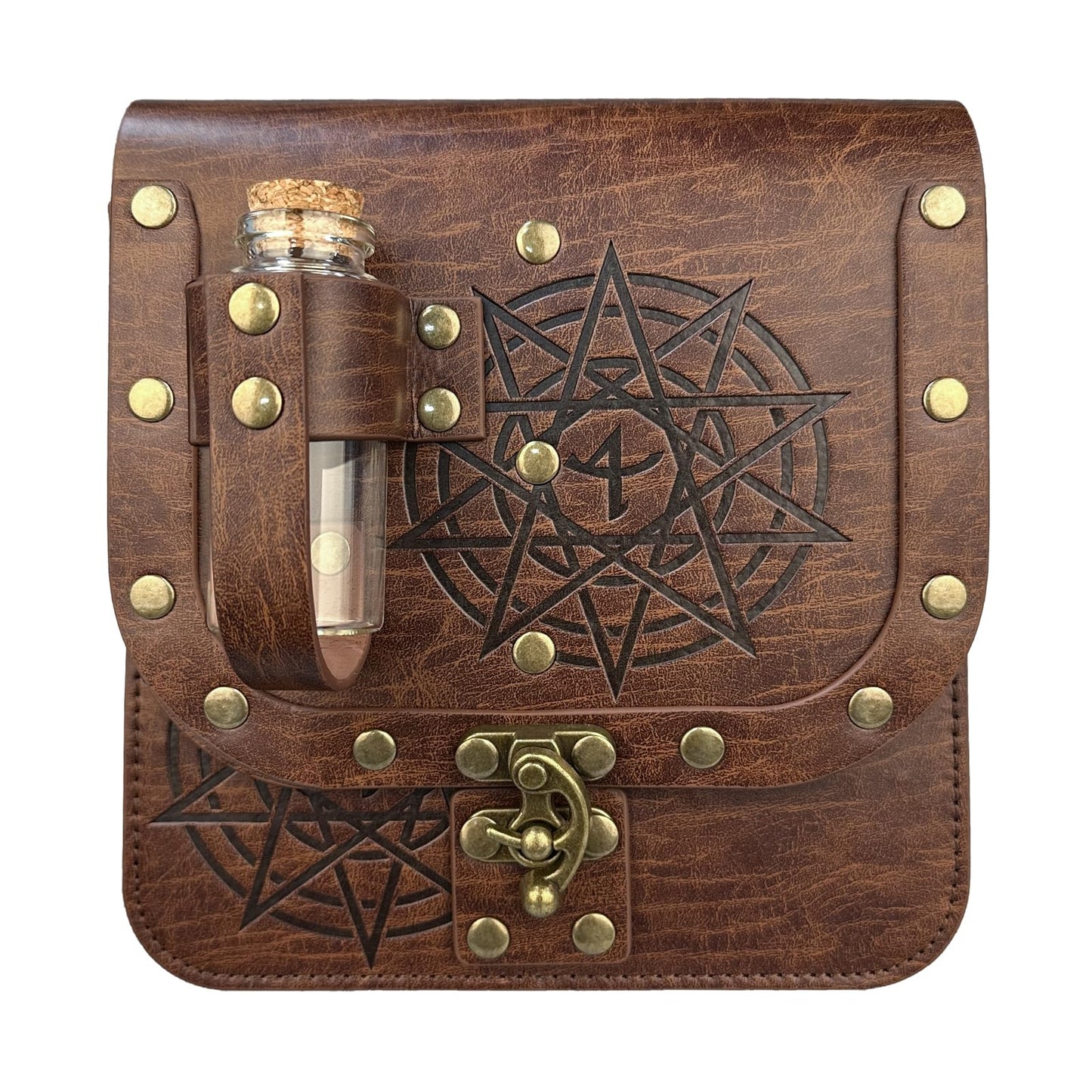 HiiFeuer Medieval Alchemy Faux Leather Belt Bag with Cork Potion Vials, Fantasy Wizard Waist Pouch Side Pack for Halloween (Light Brown C)