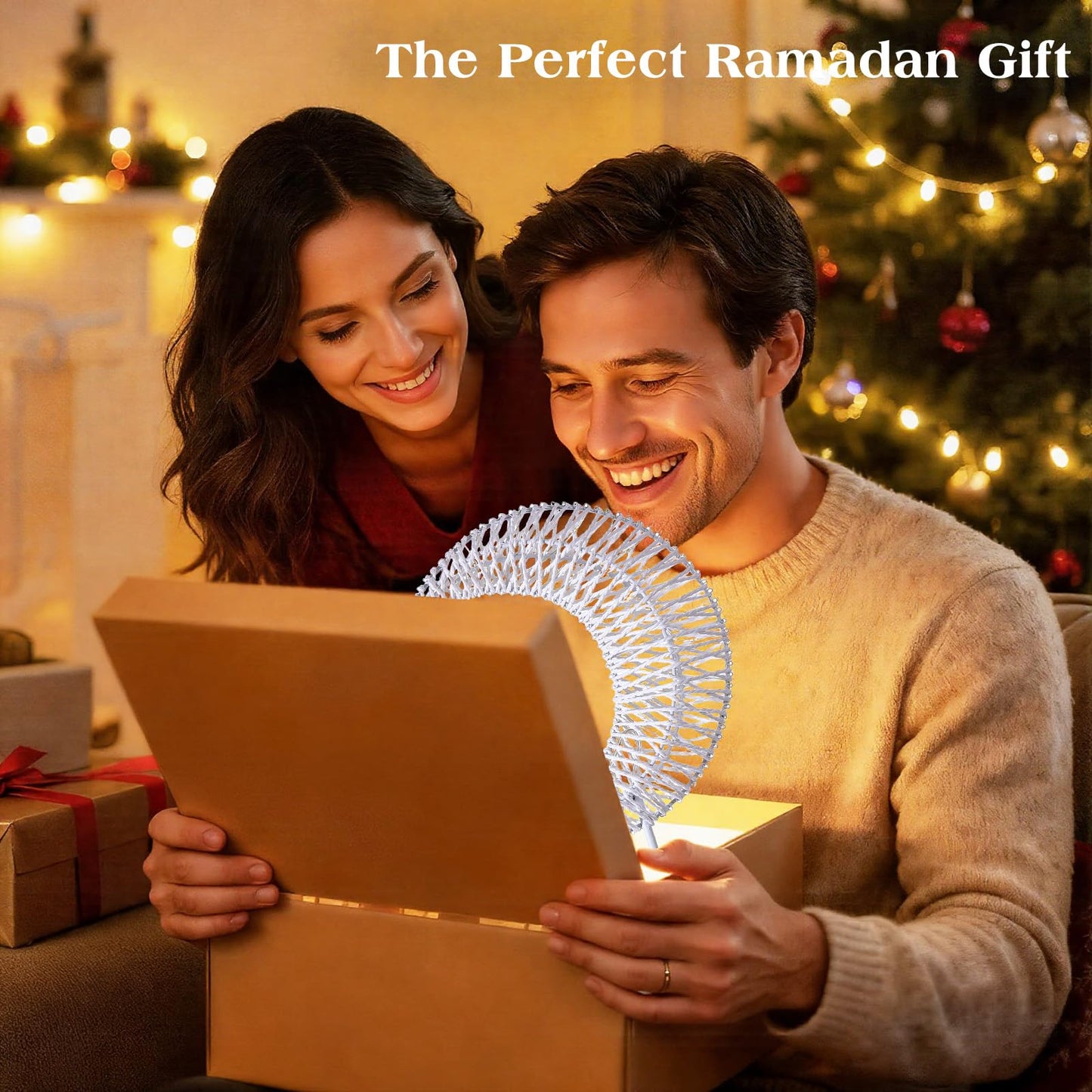 Lewondr Ramadan Decorations Moon Table Lamp, Moon Shape Rattan Ramadan Desk Lamp Battery Powered Light, Winding Thread LED Crescent Light for Home Bedroom Bedside Desktop Eid Mubarak Decorations