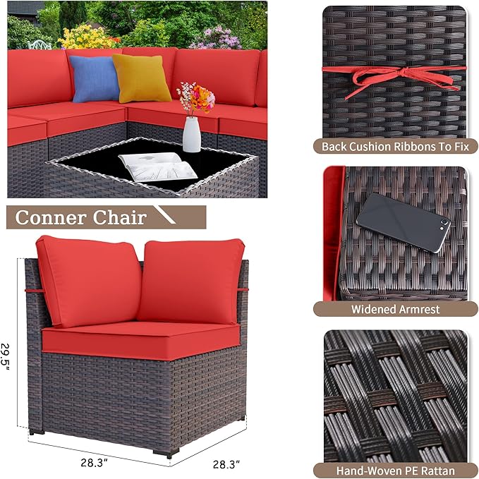 Kurapika 12 Pieces Patio Furniture Set, Rattan Wicker Outdoor Conversation Sets w/4 Inch Cushion and Glass Coffee Table(Red)