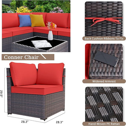 Kurapika 6 Pieces Patio Furniture Set, Rattan Wicker Outdoor Conversation Sets w/4 Inch Cushion and Glass Coffee Table(Red)