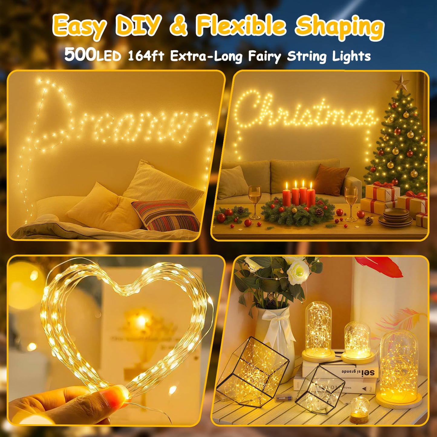 500LED Fairy Lights Twinkle String Light Plug in, 164ft Bendable Silver Copper Wire Firefly Lights, 12Modes with Timer Remote, Warm White Decor for Indoor Outdoor Room Wedding Party Christmas