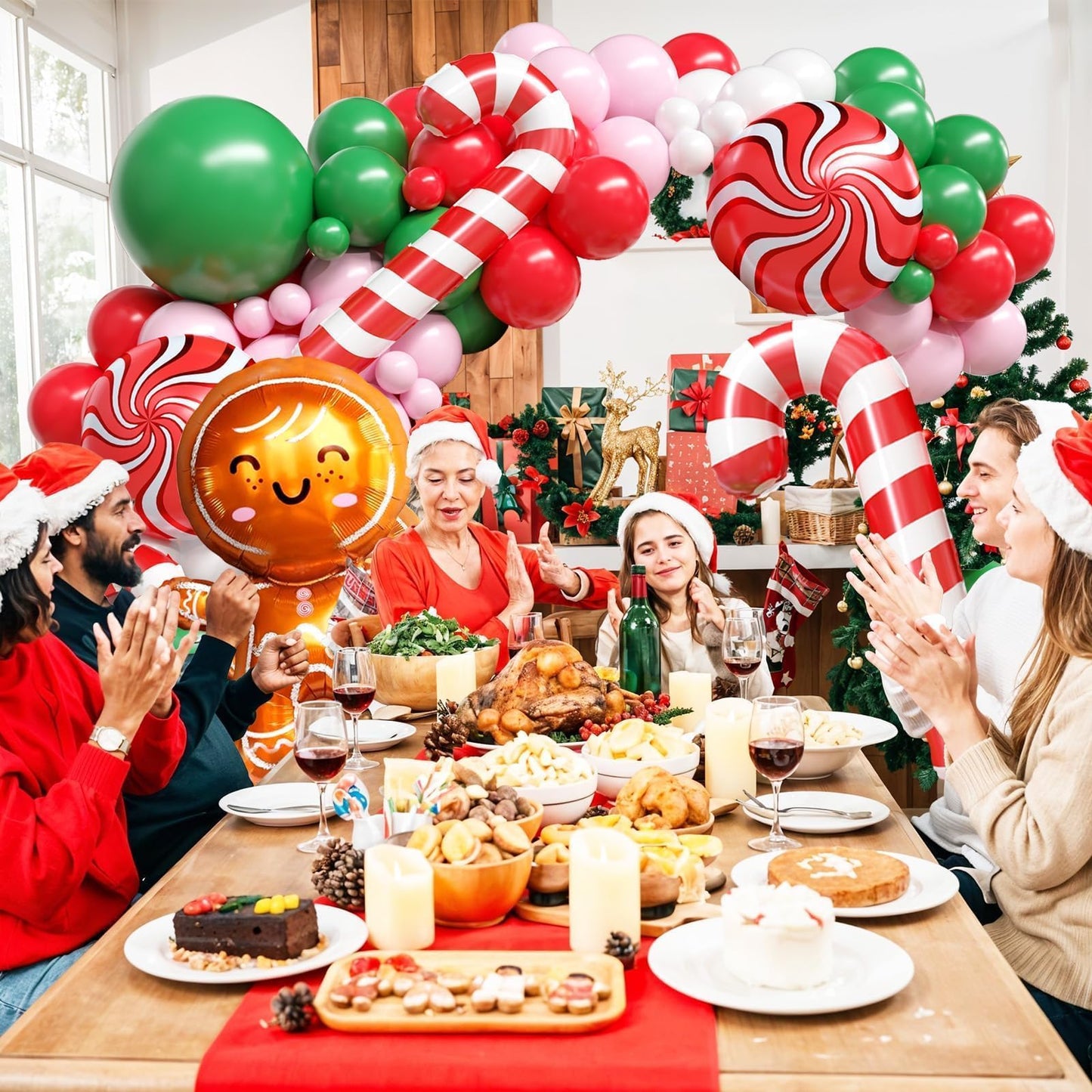 Christmas Balloon Arch Kit, Gingerbread Man Balloon Garland with Green Pink Red Balloons Candy Cane Foil balloons for Christmas Party Decorations New Year Xmas Party Supplies