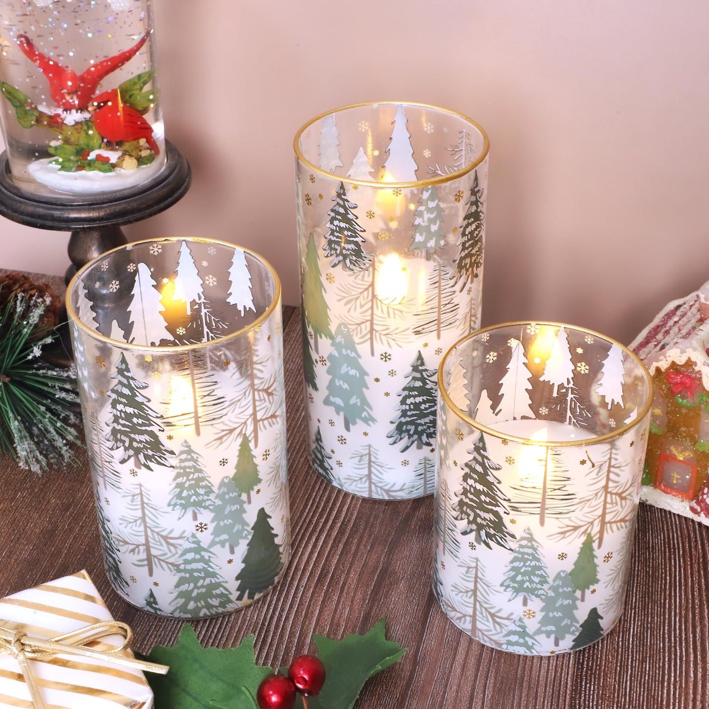 Impress Life Christmas Tree Glass Flameless Candles with Remote Battery Operated 3D Flickering LED Pillar Candles for Xmas Gift Holiday Decor, Set of 3