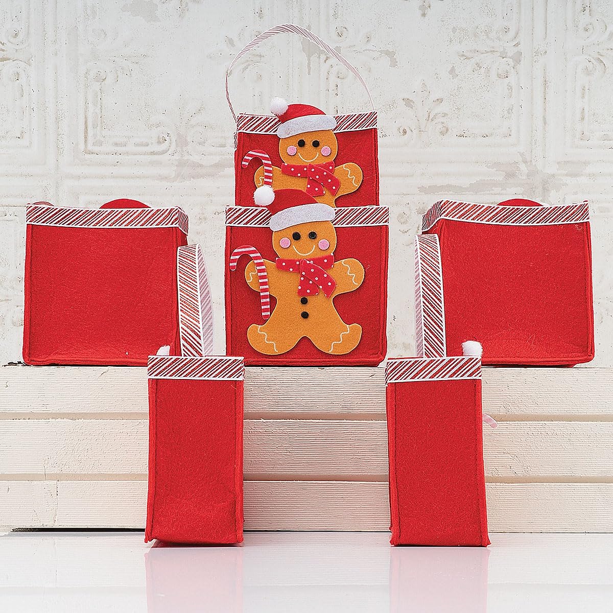 Current Gingerbread Man Christmas Treat Bags, Set of 6, 5.25" Tall Felt Gift Bags for Children, Holiday Parties, Teachers, and Decorations