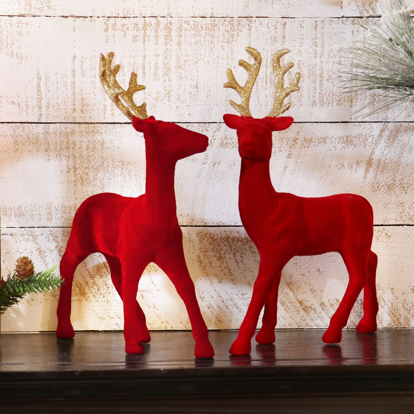 Season 2 Season Christmas Reindeer Tabletop 2 Set 12.5" H Red Flocking Standing Deer Decorations, Indoor Decorative Ornaments for Kitchen Mantle Shelf Office Home Décor