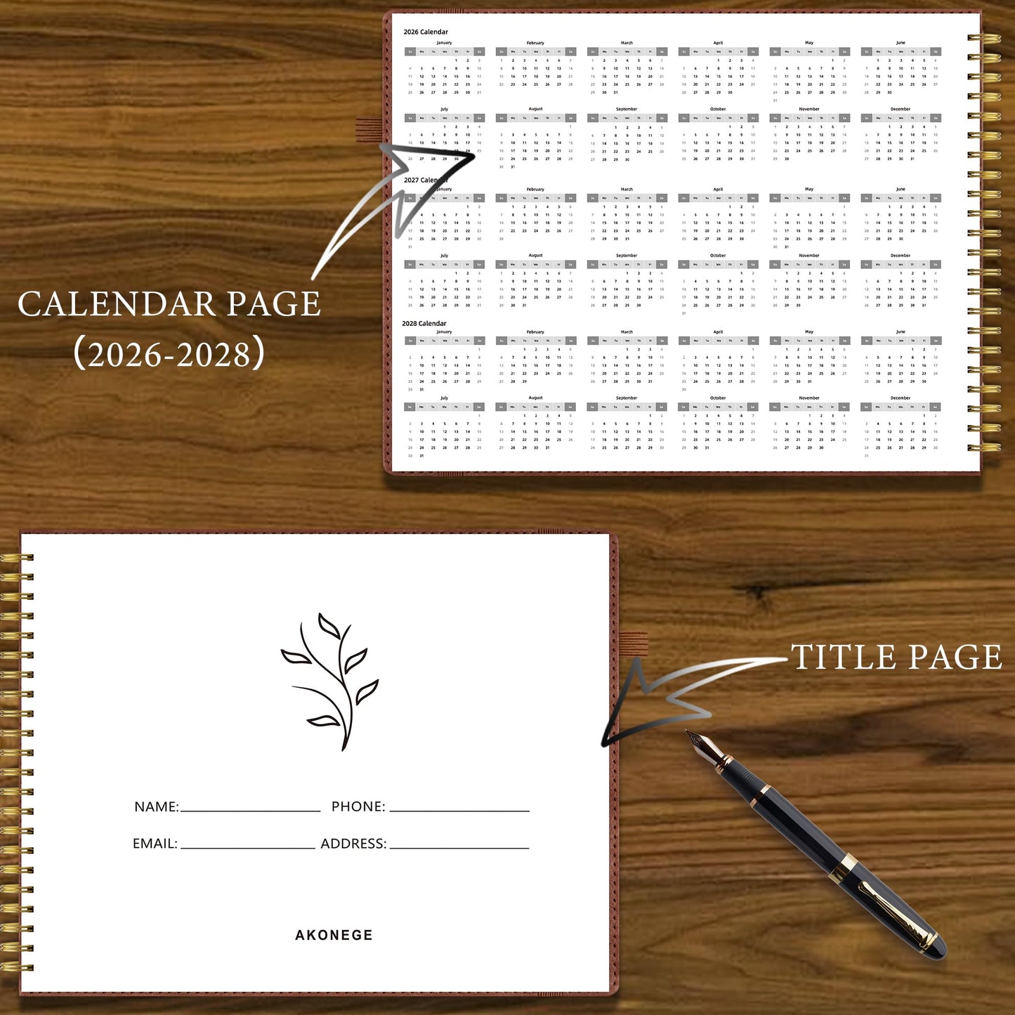 AKONEGE Accounting Ledger Book for Personal & Small Business Bookkeeping, Horizontal Income and Expense Tracker Notebook with Calendar, Hardcover Columnar Log Journal 10.78'' x 8'', Brown