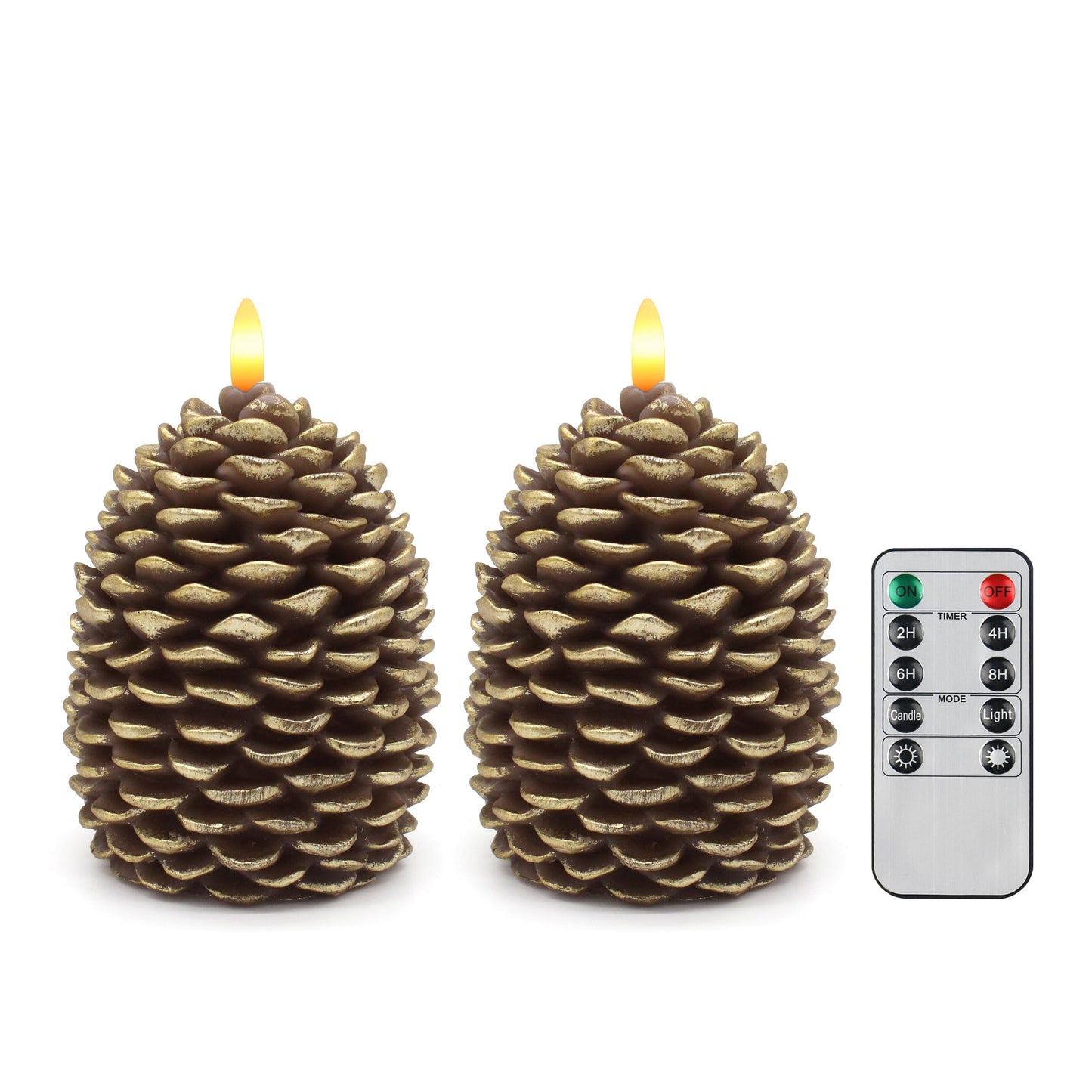 CVHOMEDECO. Pine Cone Candles Battery Operated Pinecones with Remote and Timer, Pine Cones Candle LED Flameless Flickering Candles for Fall, Christmas Decor. Golden-Brown, H 5.5 Inch, Pack of 2