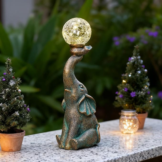 MININOVA Solar Elephant Garden Decor Outdoor Statues with Cracked Glass Ball(8 LED Lights), Cute Elephant Figurine for Patio, Lawn, Yard Decorations Gift for Mother Thanksgiving Day Christmas