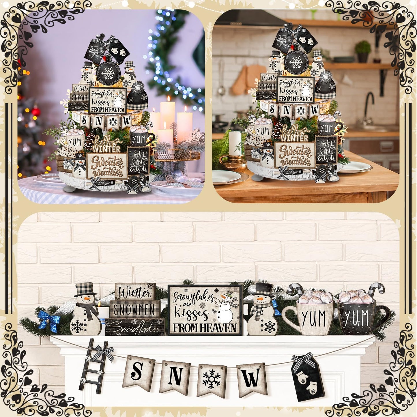 CroBlissful 23 Pcs Christmas Winter Tiered Tray Decor Snowman Farmhouse Decor Winter Tiered Table Centerpieces Wood Blocks Signs for Home Shelf, Without Tray(Black, White,Snow)