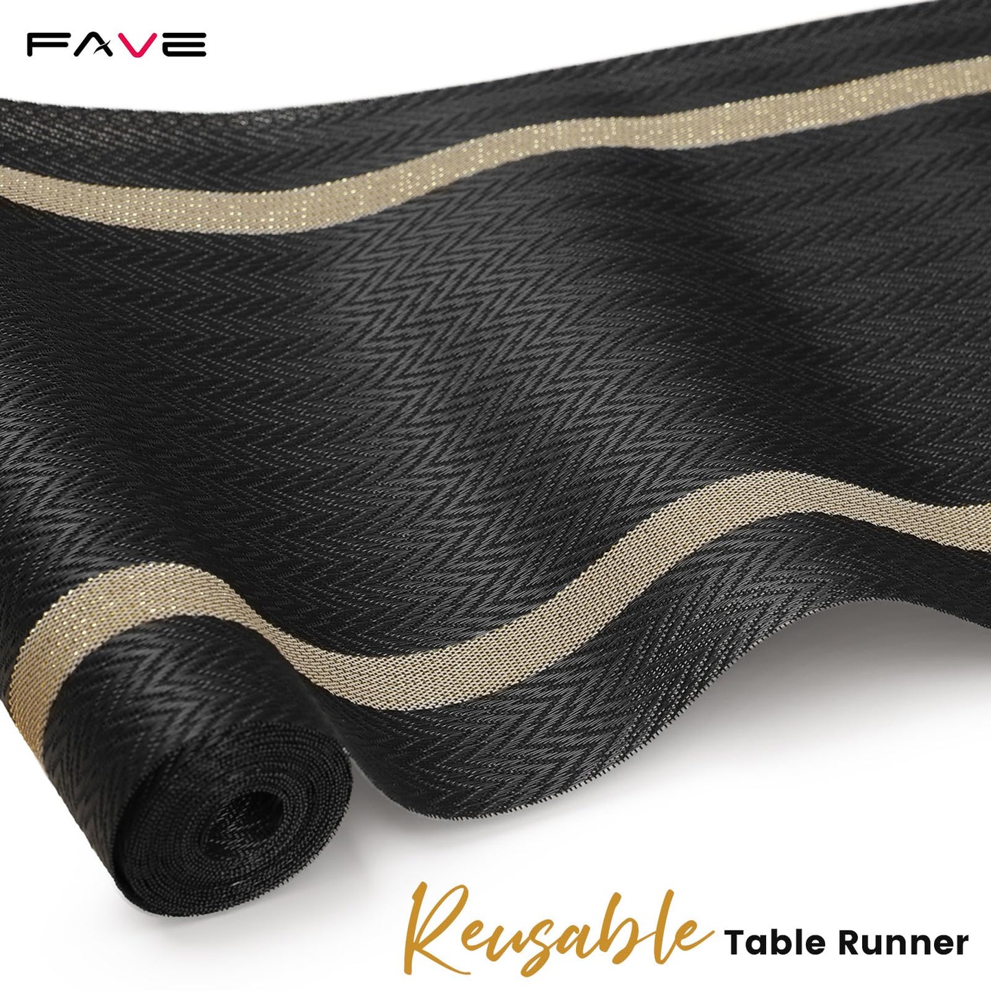 FAVE Woven Vinyl Table Runner Black Table Runner Woven with Golden Threads 72x12 Inches Wipeable Waterproof Dining Table Mats for Wedding, Banquets,Party, Restaurant (Black-72x12)
