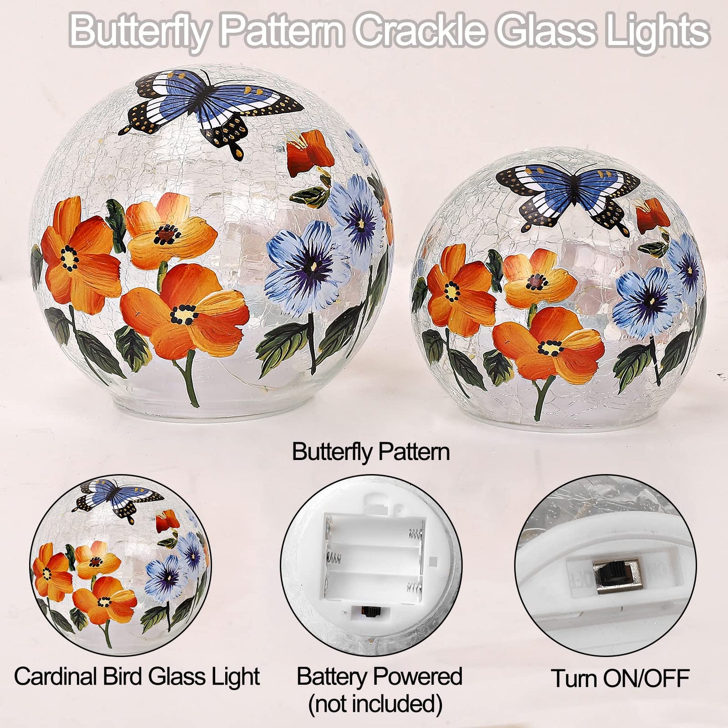 Crackle Glass Ball Light Butterfly Floral Pattern LED Night Light Indoor Tabletop Decorative Sphere Lamp for Home Decor Christmas Birthday Wedding Girls Women's Gift (2 Pack)