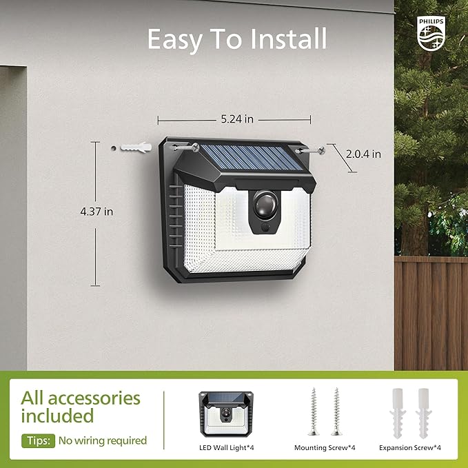 Philips Solar Lights Motion Sensor Outdoor, 120 LEDs Solar Powered Security Lights,3 Lighting Modes, Waterproof Wall Lights for Outside Yard Fence Garden Garage