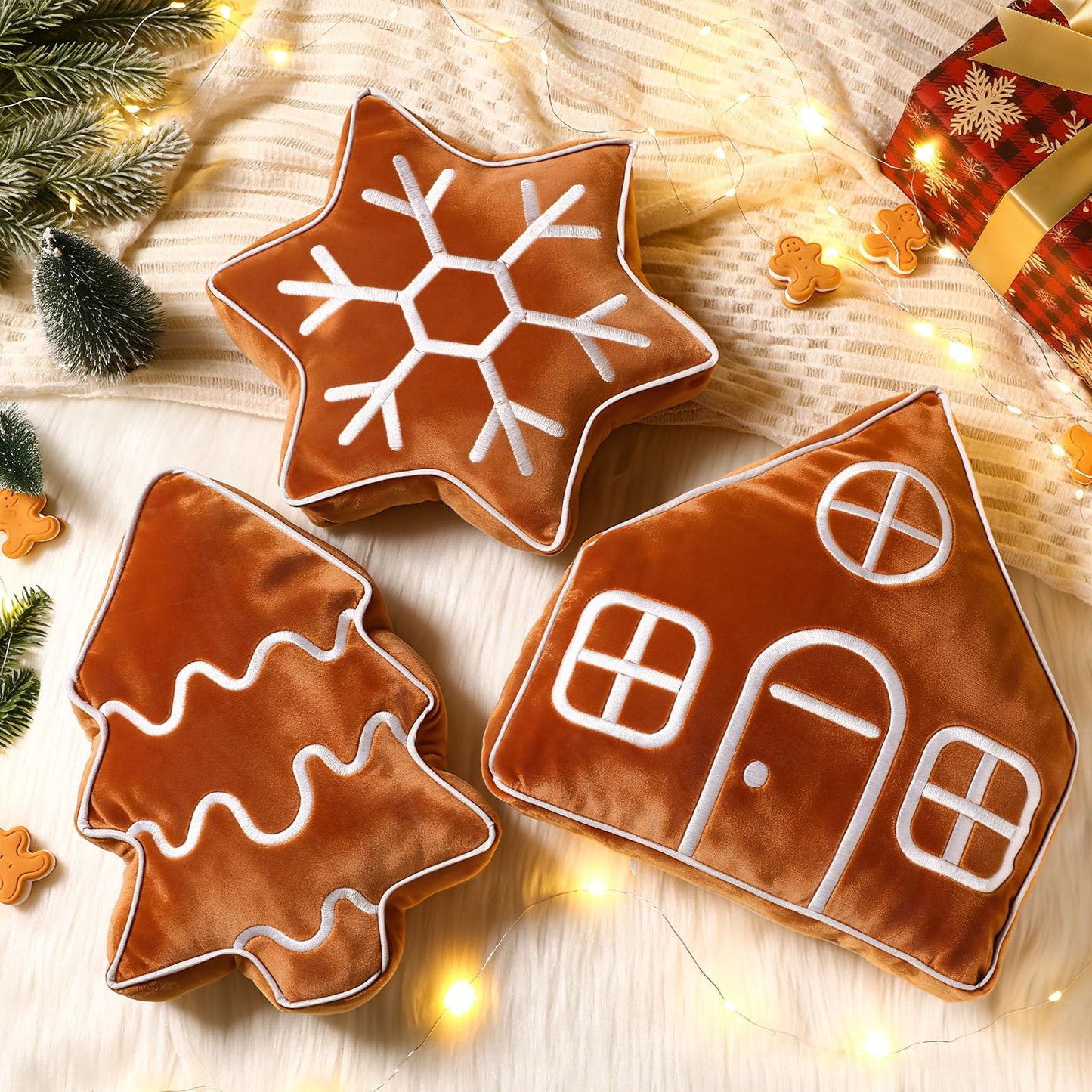 Amyhill 3 Pcs Christmas Velvet Throw Pillows Xmas Tree Gingerbread Man House Snowflake Pillows Embroidered Design Stuffed Christmas Decoration for Home Sofa Bed Couch Party
