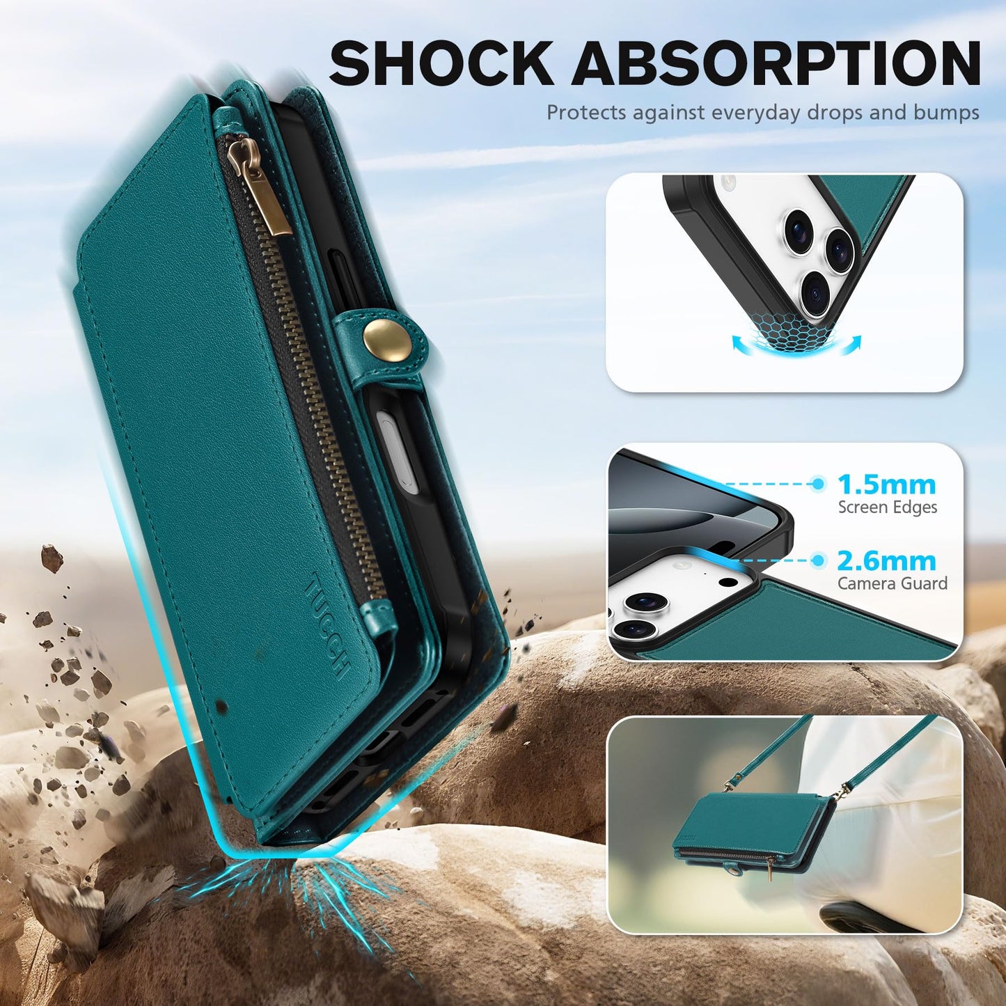 TUCCH Detachable Crossbody Wallet Case for iPhone 17 Pro Max (6.9"), 10 Card Slots RFID Blocking | Lanyard Wrist Strap | Wireless Charging | Zipper Pocket | PU Leather Stand Flip Cover | Bluish Green