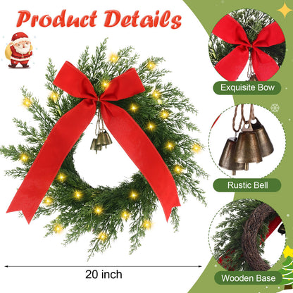 2 Pcs 20 Inch Pre-lit Christmas Cedar Wreaths with Bow Bells Artificial Norfolk Pine Lighted Xmas LED Christmas Swags Wreath for Indoor Outdoor Windows Porch Wall Home Decor