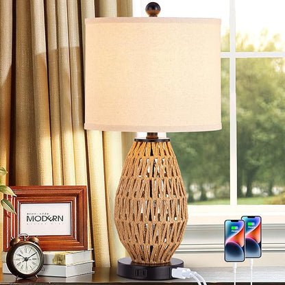 Touch Control Rattan Table Lamps, 3 Way Dimmable Bedside Lamps for Bedroom with 2 USB Ports and AC Outlet, Wicker Nightstand Lamps for Living Room Home Office (LED Bulbs Included)