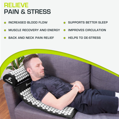 ProsourceFit Acupressure Mat and Pillow Set for Back/Neck Pain Relief and Muscle Relaxation, Black
