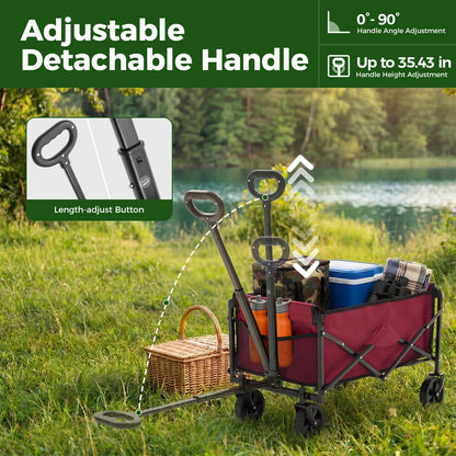 DUMOS Collapsible Wagon Cart, Heavy Duty Foldable Utility Wagon with Wheels – 220 lbs Capacity, Flexible Handle for Beach, Garden, Sports, Grocery & Camping, Red