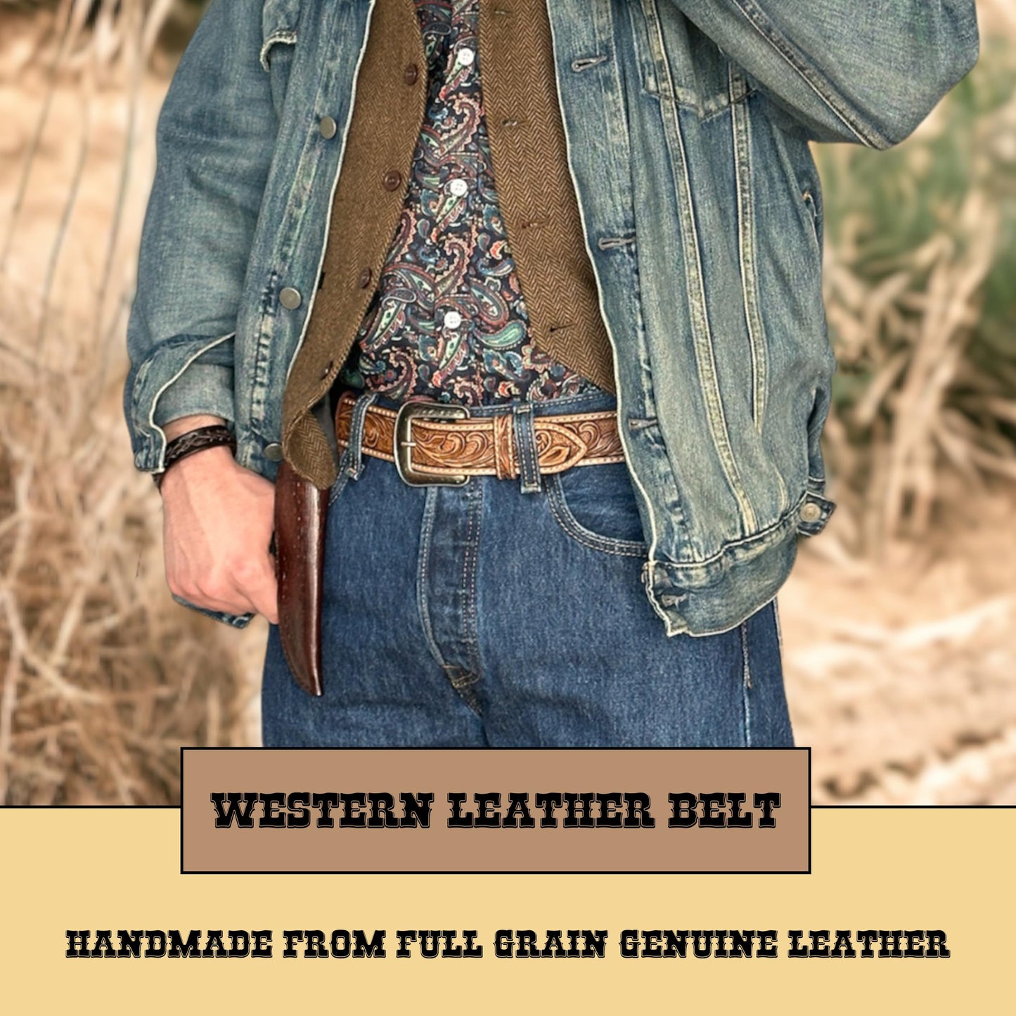 DANIEL'S ARTPLANET Western Belt for Men 1.5” Wide Full Grain One Piece Leather Belt with Buckle Handmade Engraved Tooled (Brown, 40)