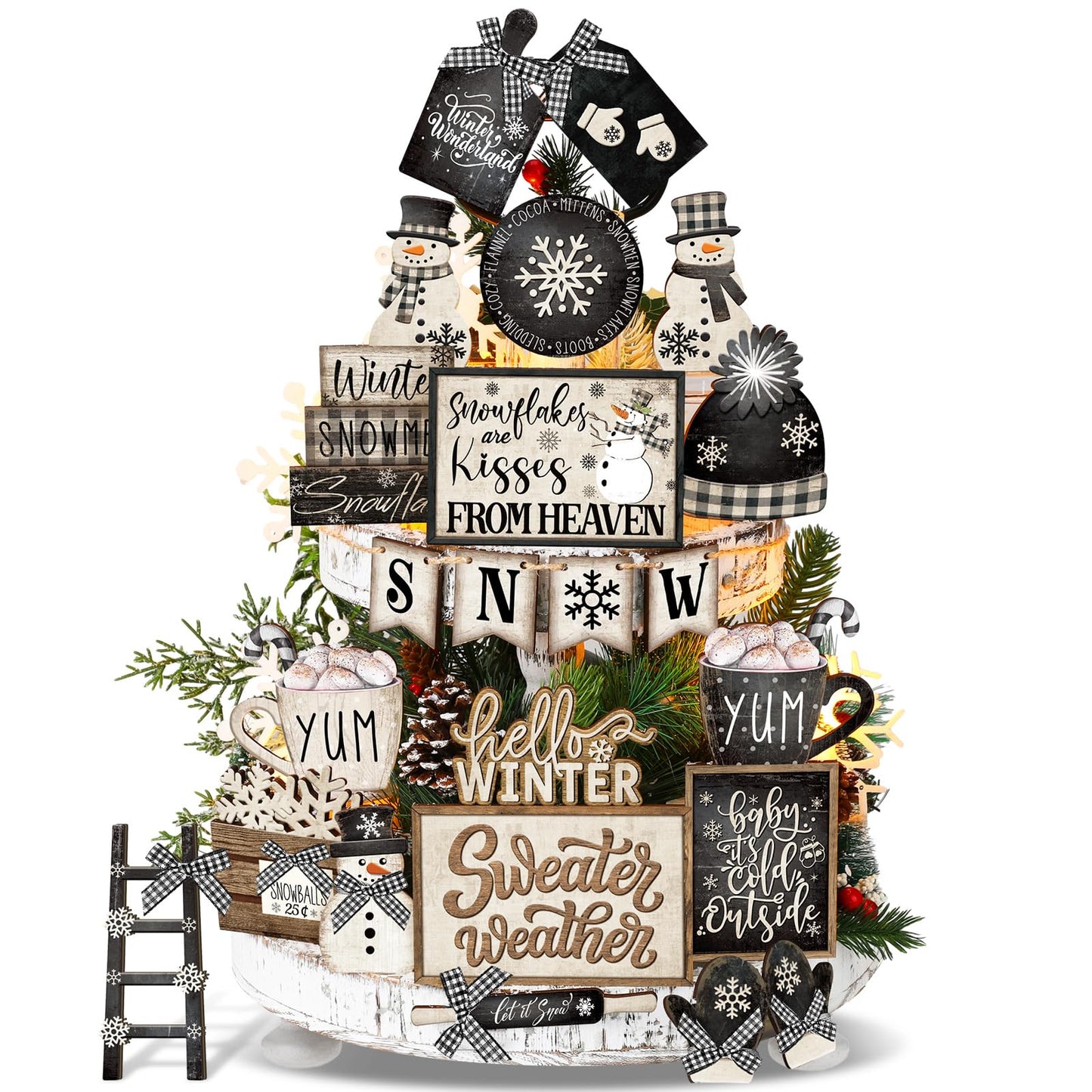 CroBlissful 23 Pcs Christmas Winter Tiered Tray Decor Snowman Farmhouse Decor Winter Tiered Table Centerpieces Wood Blocks Signs for Home Shelf, Without Tray(Black, White,Snow)