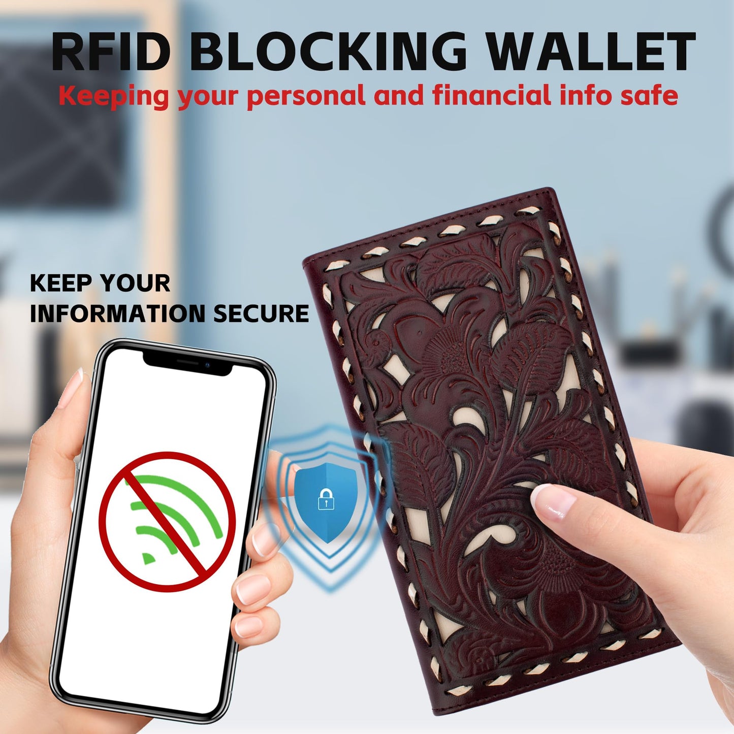 MUXILING Men's Rodeo Wallet Western RFID-Blocking Leather Wallet Bifold Long Cowboy Long Wallets With Floral Inlay Buckstitch