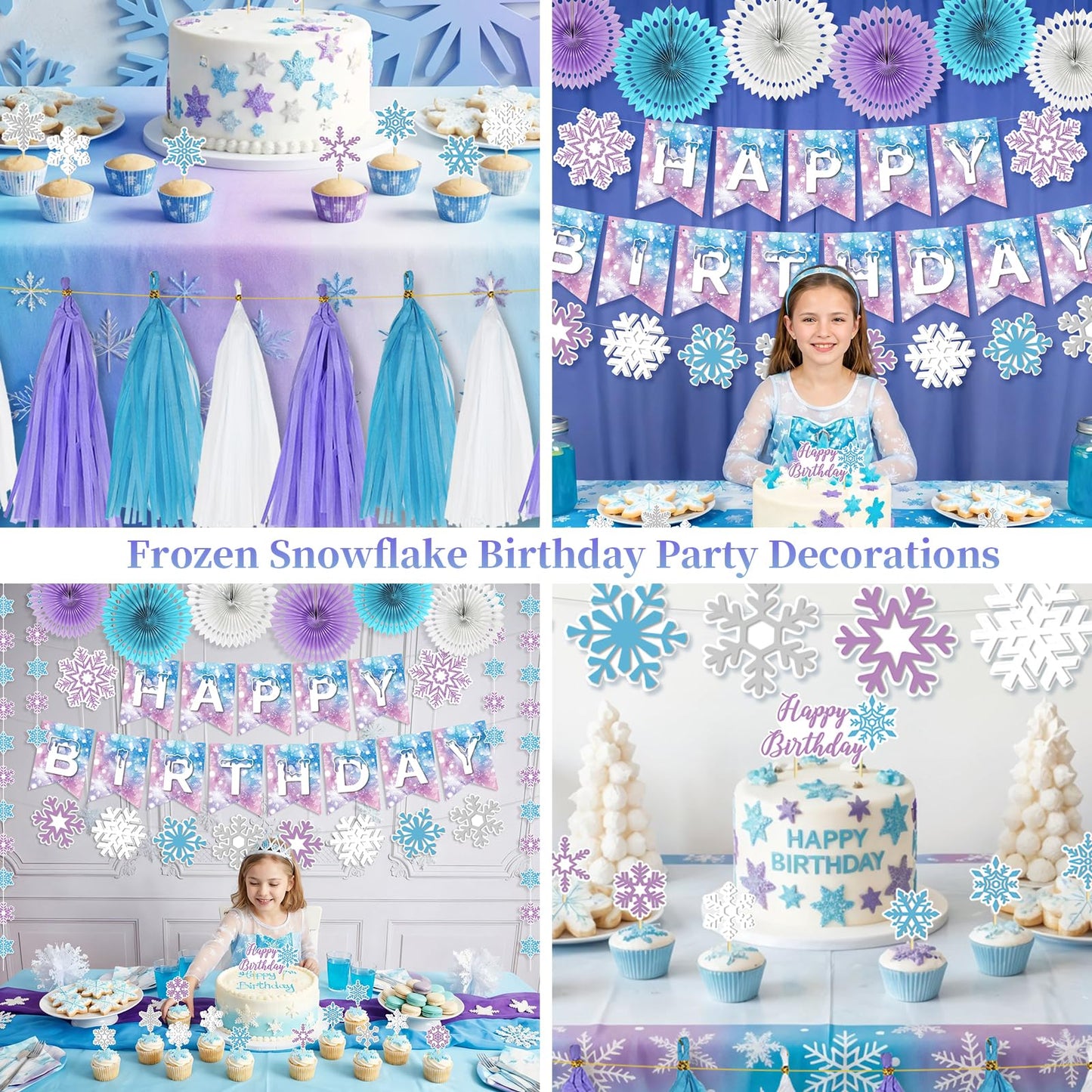 LakPty Frozen Party Decorations, Blue Purple White Snowflake Theme Birthday Decor Kit with Banner, Garlands, Cake Topper, Paper Fans, Tassels Decors for Boys Girls Winter Holiday Party Supplies