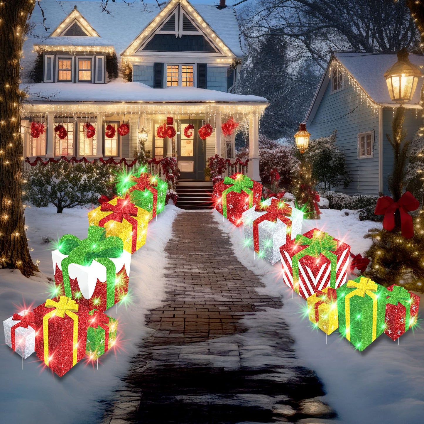 8 Pieces Christmas Yard Signs Glitter Gift Box Outdoor Lawn Decorations with 16 Stakes Funny Holiday Present Box Yard Decorations for Christmas Home Lawn Party Supplies