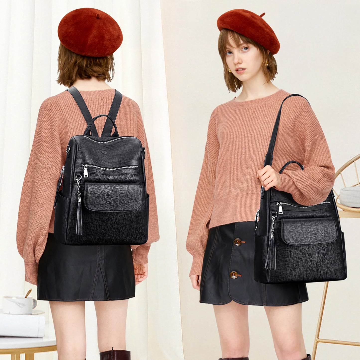 ALTOSY Genuine Leather Backpack Purse for Women Large Convertible Shoulder bag Ladies Crossdody Bag with Tassel