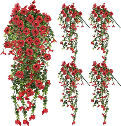Artificial Fake Hanging Flowers Plants for Outdoor Spring Summer Decoration, 4pcs Faux Silk Realistic UV Sun Resistant Daisy for Outside Porch Patio Window Box Yard Home Decor (Red)