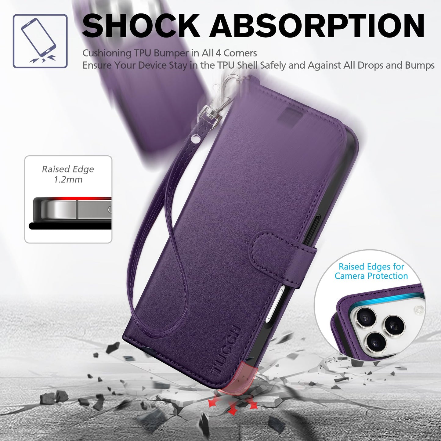 TUCCH Case Wallet for iPhone 17 Pro (6.3") 2025, Wrist Strap, Stand, RFID Blocking, 4 Card Holder, TPU Shockproof Shell, PU Leather, Magnetic Closure Folio Protective Cover, Deep Purple