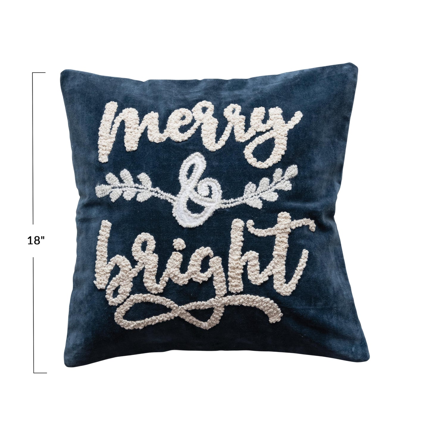 Creative Co-Op Square Cotton Velvet Pillow with Embroidered Merry and Bright, Navy Color and White
