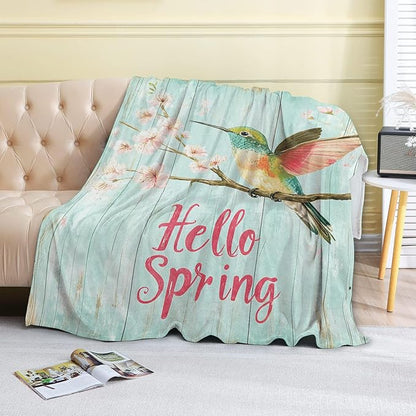 Bird Hello Spring Fleece Blanket - 60x80in Colorful Hummingbird and Cherry Blossom Throw Blankets,Soft Cozy Lightweight, Ideal for Bed Living Room Home Rustic Decor and Girls Women Gifts