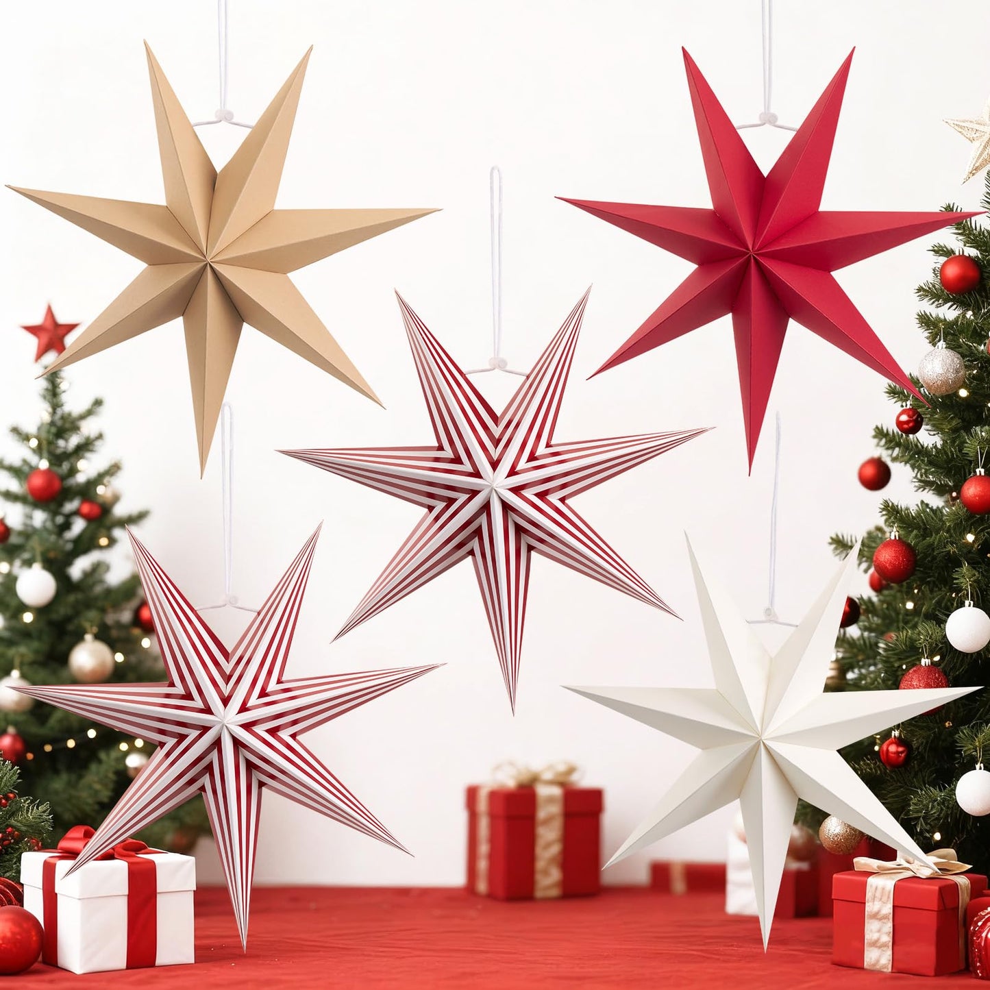5 Pcs 7-Pointed Paper Star Lanterns 12 Inch Red and White Christmas Hanging Stars 3D Paper Star Ornaments Foldable for Wedding Birthday Xmas Home Party Decor