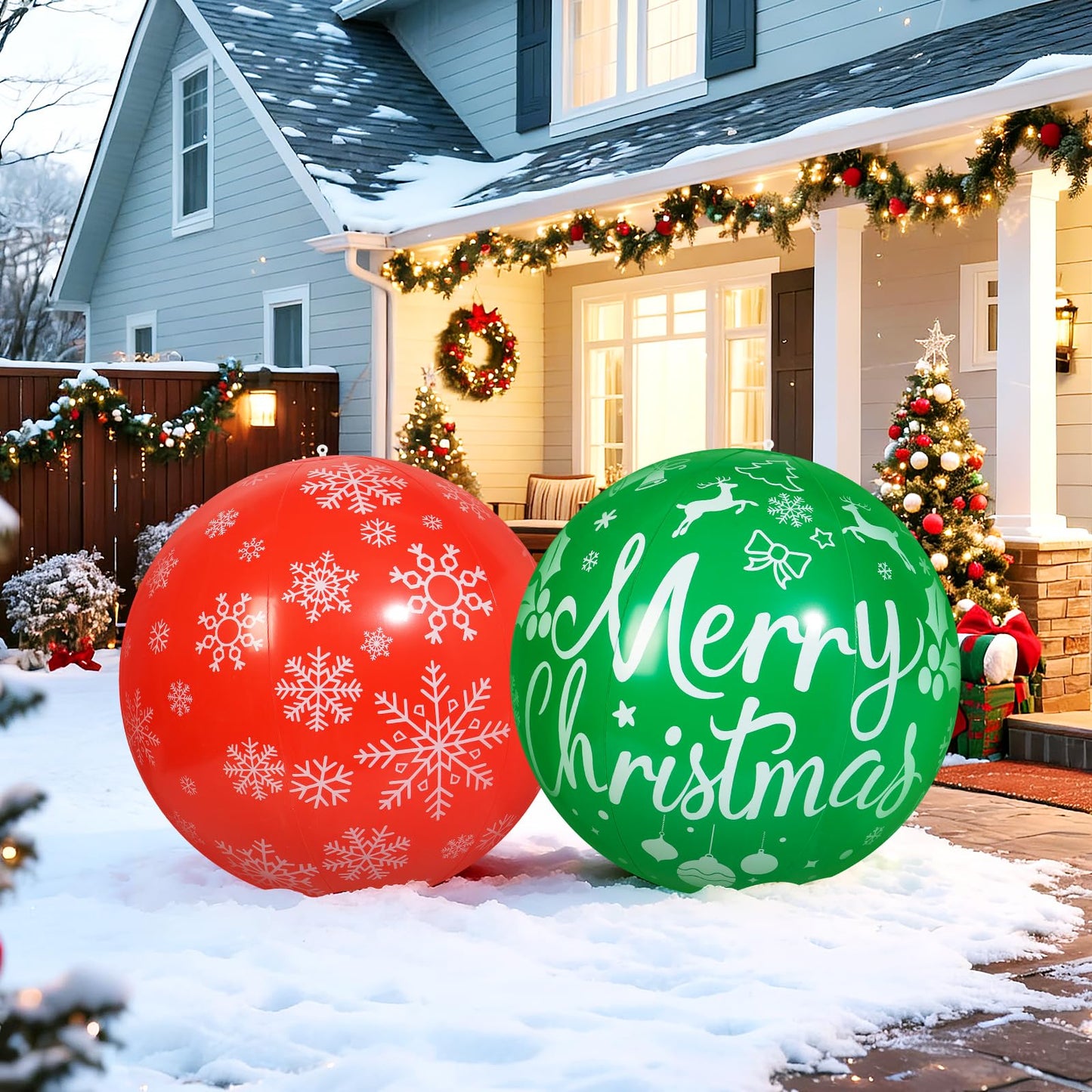 Wlicon 2 PCS 32 Inch Large Christmas Inflatable Balls Outdoor Inflatable Christmas Ball Ornaments for Xmas Garden Lawn Yard Holiday Front Door Window Decoration