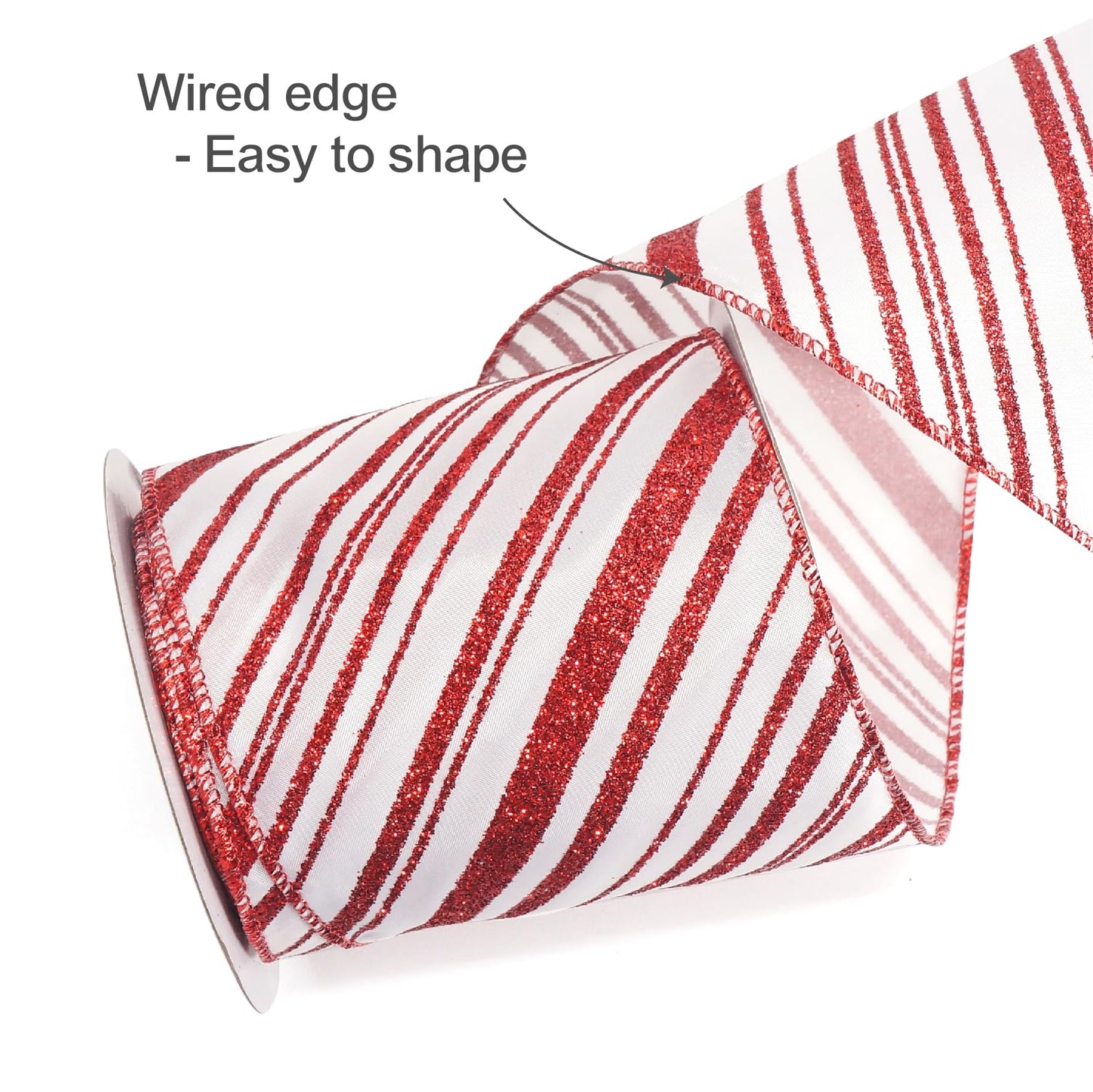 ALTIER 4 Inch x 10 Yards White Satin Red Glitter Stripes Wired Ribbon for Christmas Home Decoration Gift Wrapping Bow Making Wreath DIY Crafts